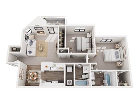 Floor plan for 2 beds, 2 baths, 960 sqft